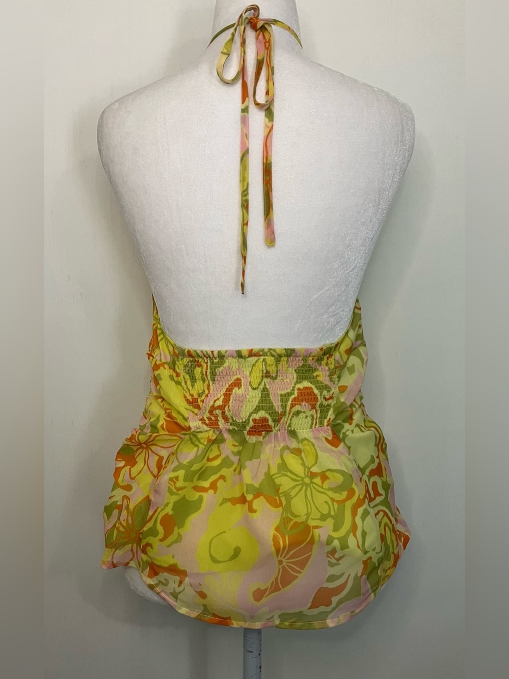 Free People Halter Top Smocked Ruched Beach 70s Print Rave Festival Yellow XS - Picture 4 of 9